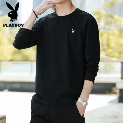 PLAYBOY 花花公子 花花公子长袖T恤男士纯色薄款圆领秋衣上衣服外穿打底衫 SYPB107 黑色 L
