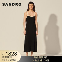 sandro2021春夏新款女装撞色饰边吊带修身针织连衣裙SFPRO01710 黑色 36