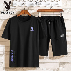 PLAYBOY 花花公子 花花公子短袖t恤男套装夏装纯色韩版体恤男士圆领潮短袖短裤两件套 ZY1086TZ 黑色 4XL