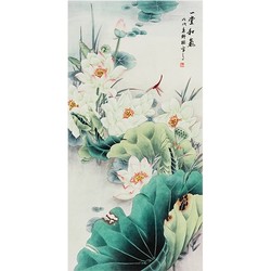 弘舍 新中式玄关装饰画国画荷花 《一堂和气》80×150cm 田园柚木