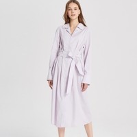 【100%棉】2021夏女纯棉系带条纹中长气质衬衫式连衣裙 L 紫白条纹