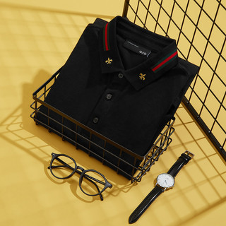 GXG男装2021年夏季热卖黑色POLO衫男领口撞色精细刺绣短袖上衣潮（180/XL、黑色B-修身版型）