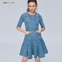 Miss Sixty春季高收腰修身圆领中袖复古牛仔连衣裙女691DJ8220000（L、牛仔蓝F25）