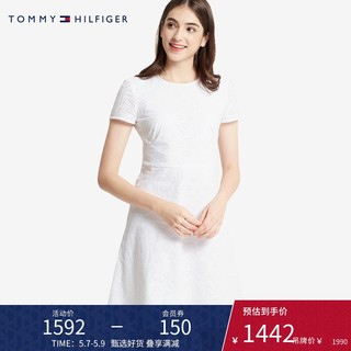 TOMMY HILFIGER女装优雅纯棉修身短袖圆领连衣裙WW0WW28222（40、白色YBR）