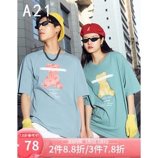 A21夏季2021新款男装宽松圆领落肩短袖T恤情侣A+公仔印花上衣女新疆棉时尚趣味百搭潮 灰蓝 175/88A/L