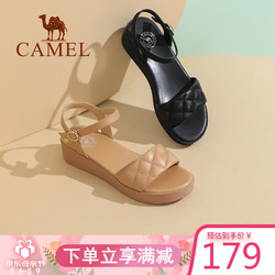 CAMEL 骆驼 骆驼（CAMEL）女鞋 气质休闲菱格一字带便捷搭扣坡跟凉鞋 A122266268 黑色 37