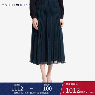 TOMMY HILFIGER女装中长款格纹百褶半身裙WW0WW28843（34、蓝绿格纹0MJ）