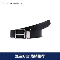 TOMMY HILFIGER 男装牛皮革荔枝纹针扣腰带AM0AM06777（黑色BDS、100cm）