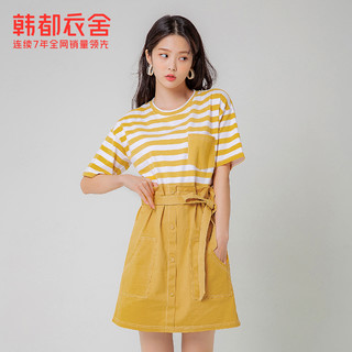 韩都衣舍2021夏装新假两件小个子时尚减龄收腰连衣裙女OU13254咊（M、黄色）