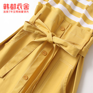 韩都衣舍2021夏装新假两件小个子时尚减龄收腰连衣裙女OU13254咊（M、黄色）