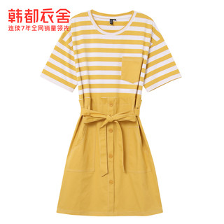 韩都衣舍2021夏装新假两件小个子时尚减龄收腰连衣裙女OU13254咊（M、黄色）