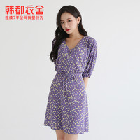 韩都衣舍2021夏装新款女装法式碎花裙子温柔气质小雏菊紫色连衣裙（XS、紫色）