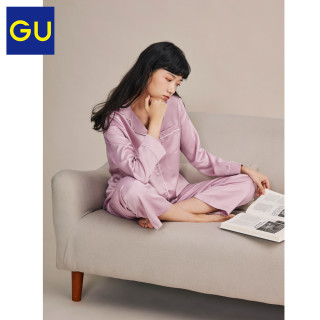 GU极优女装缎纹睡衣新款简约日系舒适家居服套装327994(165/92A/XL、41 杏黄色)