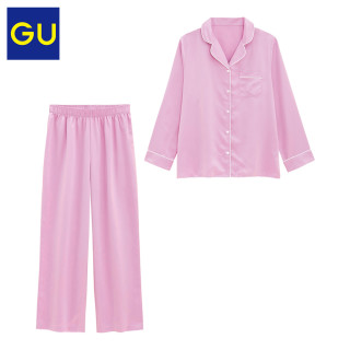 GU极优女装缎纹睡衣新款简约日系舒适家居服套装327994(165/92A/XL、41 杏黄色)