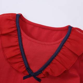 丽婴房童装女童时尚荷叶边领口T恤儿童甜美可爱上衣2021春季新款（90cm 、红色）