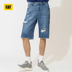 CAT 卡特彼勒 CAT/卡特彼勒 纯棉水洗做旧磨白破洞猫须男式牛仔短裤