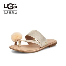 UGG 夏季女士凉鞋平底金属色毛毛球甜美夹脚仙女凉拖鞋 1101349