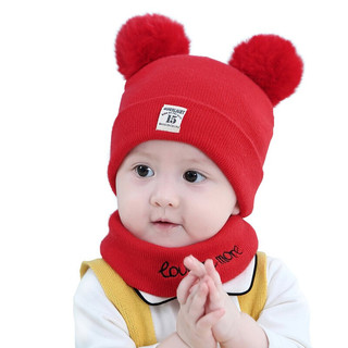 摩尔西夫婴幼儿童秋冬针织裙边帽可爱时尚双球针织帽儿童加厚加绒毛线帽带围脖 红色