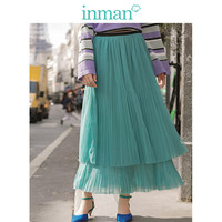 茵曼春装新款高腰显瘦复古文艺双层仙女纱裙A字大摆半身长裙 翠绿色 M