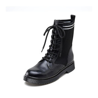 思加图春季新款时尚粗高跟鞋系带高帮机车女皮马丁靴子N4302DZ8 黑色 35
