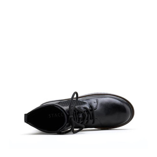 思加图春季新款时尚粗高跟鞋系带高帮机车女皮马丁靴子N4302DZ8 黑色 35