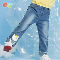 贝贝怡儿童直筒牛仔裤秋季新品女宝休闲翻脚牛仔长裤外穿裤子 蓝色 12个月/身高80cm