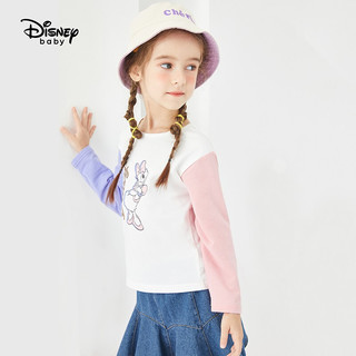 迪士尼 Disney 女童童装儿童拼色袖长袖T恤简约打底衫宝宝甜美打底衫2020秋 DB031AE02 本白 100cm