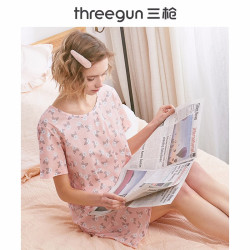 THREEGUN 三枪 三枪睡裙女春夏纯棉新疆棉印花宽松柔软透气短袖全棉女士家居裙 花朵 XXL(175/100)