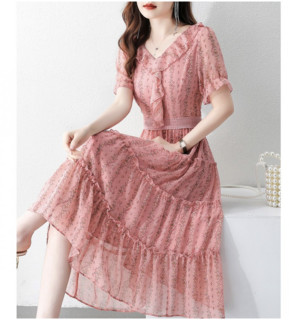 拉夏贝尔旗下夏季新款碎花连衣裙收腰显瘦短袖雪纺飘逸中长裙 2XL 粉色