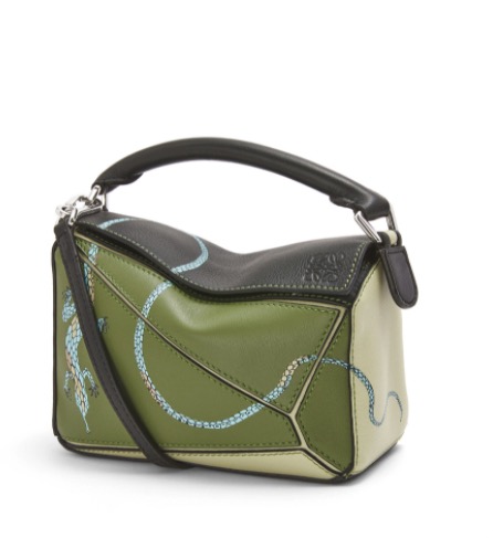 迷你经典牛皮革蜥蜴 Puzzle 手袋 Avocado Green/Black - LOEWE
