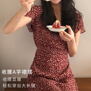 新款法式复古气质时尚甜美柔软收腰显瘦百搭雪纺红色碎花连衣裙女