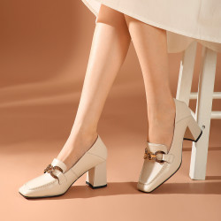 bosssunwen博斯绅威高跟鞋2021春季新款女鞋单鞋真皮方头英伦小皮鞋