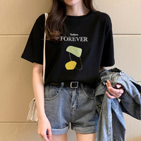 简约圆领印花女式T恤拉夏贝尔旗下2021春季新款短袖纯棉体恤 M 黑色