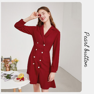 西装领连衣裙夏季女2021新款年春装时尚气质干练双排扣红色连衣裙 S 大红