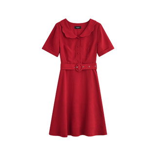THENEXT  2021红色气质夏季新款复古气质娃娃领减龄高腰中长款连衣裙 红色 L