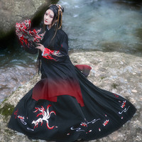 如梦霓裳情侣汉服女直裰九尾灵狐绣花下裙非古装男中国风春款汉服（155/80A、红黑渐变直身.一件 现货）