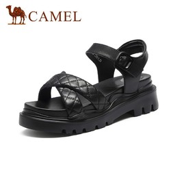 CAMEL 骆驼 女鞋 休闲舒适牛皮交叉菱格便捷魔术贴搭扣粗跟凉鞋 A120076346 黑色 37