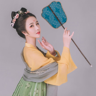 华裳撷珠司花令原创汉服仿古画印花唐风真丝齐胸衫裙一片式褶裙（S、黄色对襟衫）