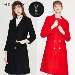 ME&CITY MECITY 收腰西装大口袋双排扣毛呢大衣红色外套女
