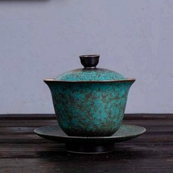 日式-绿松窑变盖碗 180ml 德化窑 原矿釉 长11.4cm、高9.5cm