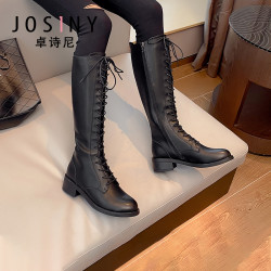 Josiny 卓诗尼 2020新款冬靴网红高筒绑带骑士靴百搭帅气机车风潮长靴女鞋