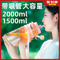 Tianxi 天喜 塑料水杯女学生超大容量运动健身水壶便携带吸管随行杯2000ml