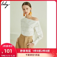 Lily 丽丽 气质格纹斜领露肩宽松套头衬衫 604米白 M