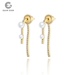 glam ever 时尚曲线耳环两颗人工珍珠锆石新款超仙耳坠耳钉耳饰品