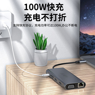 晶华 Type-C扩展坞USB-C转HDMI/VGA/千兆网口/分线器苹果雷电华为笔记本电脑带音频转接头转换器 十二合一