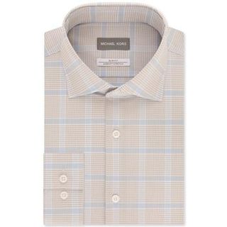 Men's Slim-Fit Non-Iron Airsoft Performance Stretch Gray Multi-Check Dress Shirt