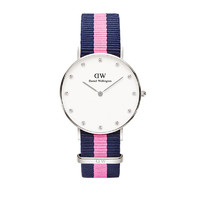 Daniel Wellington 丹尼尔惠灵顿 34mm银边尼龙带超薄女士石英表手表