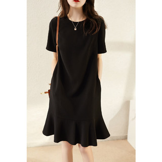 连衣裙2021新款女夏季法式气质显瘦洋气时尚鱼尾小黑裙中长裙 L 黑色