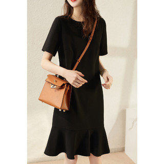 连衣裙2021新款女夏季法式气质显瘦洋气时尚鱼尾小黑裙中长裙 L 黑色