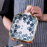 溢壶醉 盘子菜盘日式家用陶瓷西餐盘子创意带手柄平盘微波炉焗饭烤盘餐具